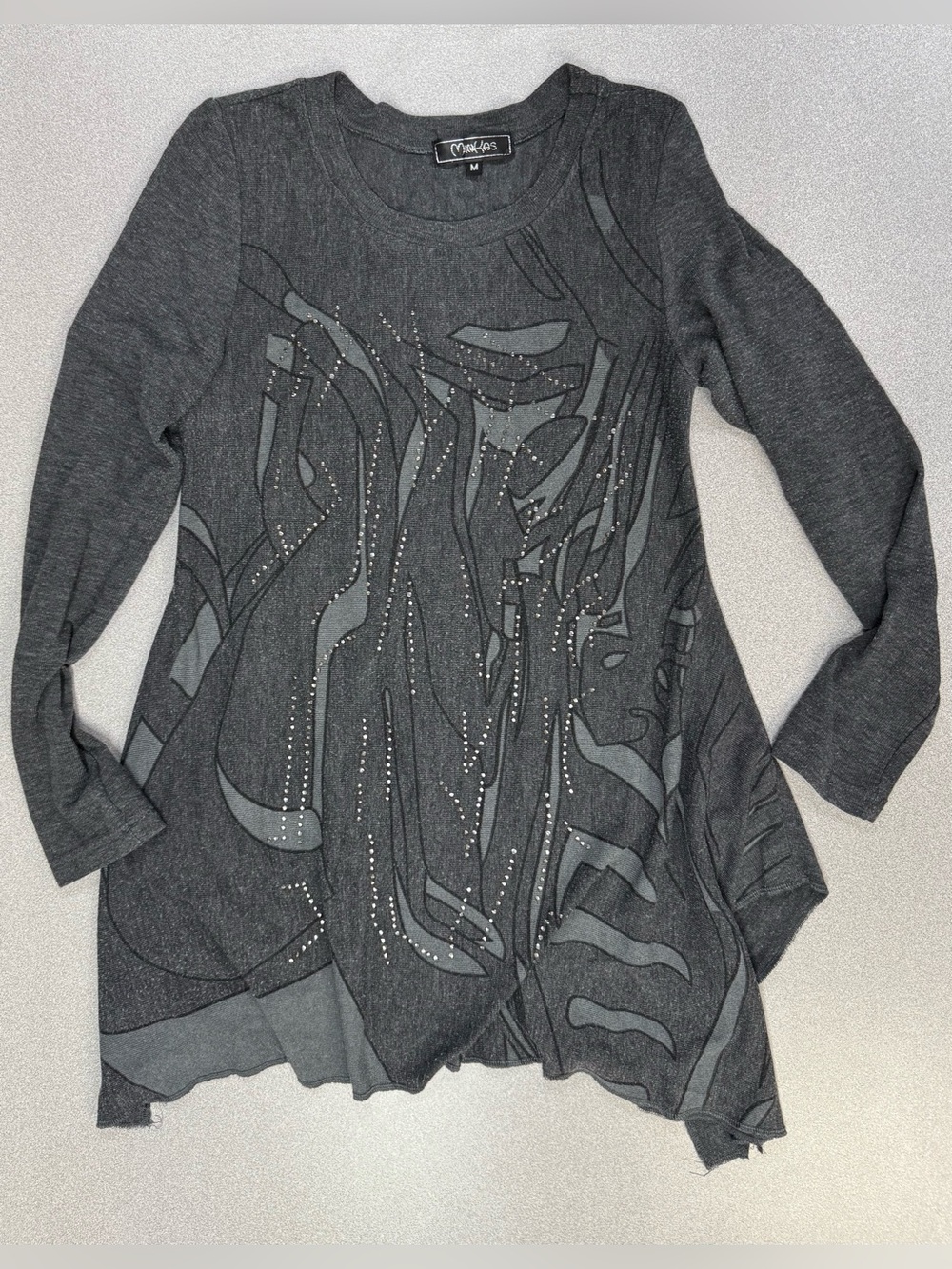 Minkas Charcoal Gray Embellished Abstract Panel Tunic Sharkbite Hem